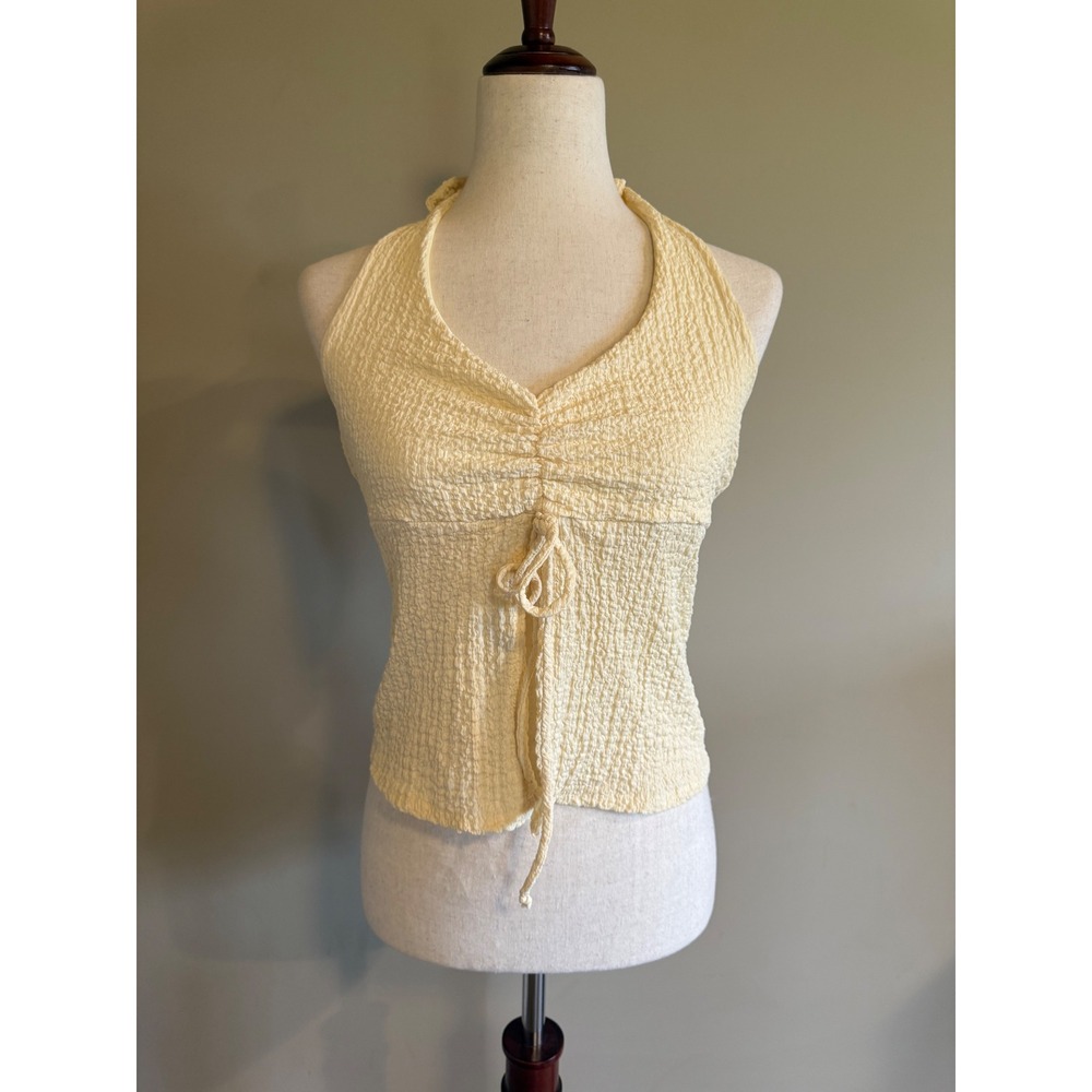 See You Monday Yellow Popcorn Crinkle Halter Top Cinch Front V-Neck Size Medium